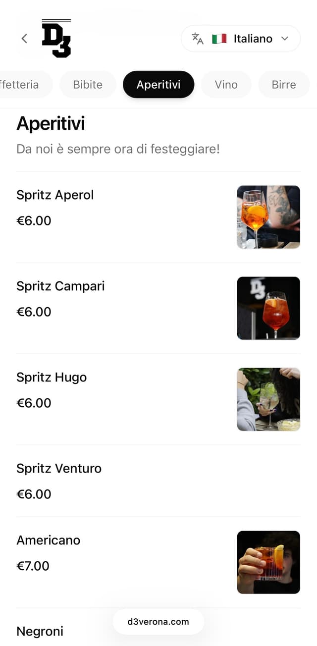 Screenshot del menù Tavolino su telefono